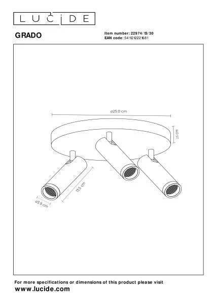 Lucide GRADO - Deckenstrahler - Ø 25 cm - 3xGU10 (MR11) - Schwarz - technisch